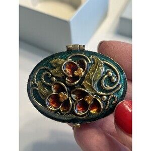 Vtg Monet Emerald Green Floral Enameled Jeweled Hinged Trinket Treasure Pill Box